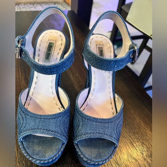 Miu Miu Denim Wedge Sandals - Picture 2 of 5